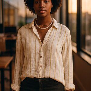 Sigrid Olsen 100% linen striped blouse features long sleeves turn-up sleeves L